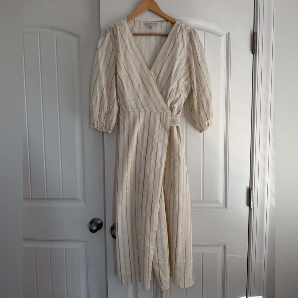 Michael Kors Long Sleeve Wrap Dress in Cream and Gold